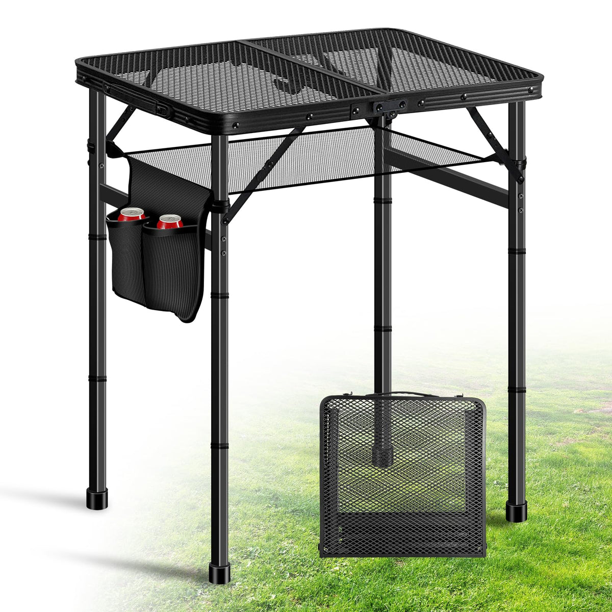 Ciavca folding grill table side view highlighting sturdy frame and ample prep space