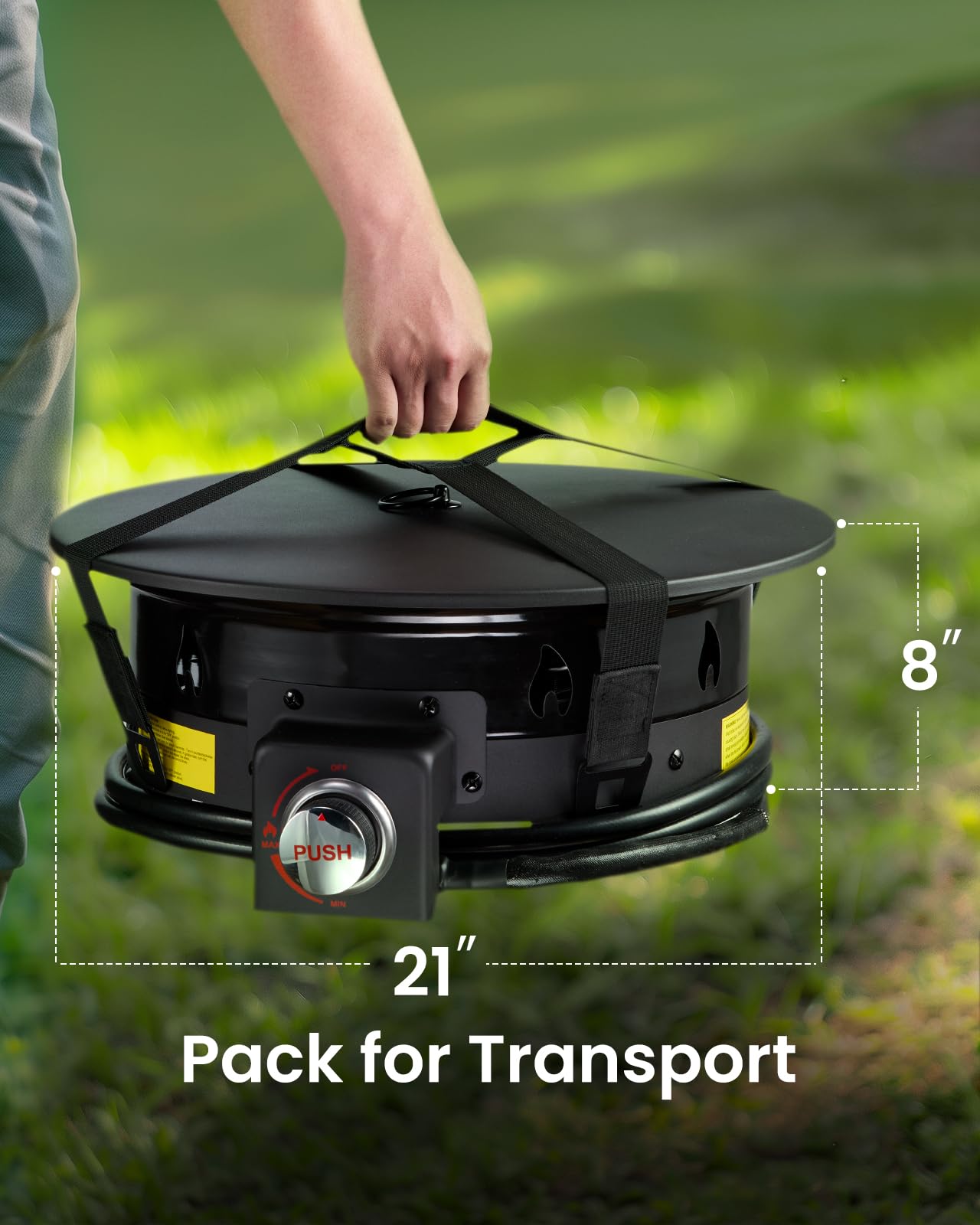 Ciays propane fire pit designed for camping with wind and rain flame protection.