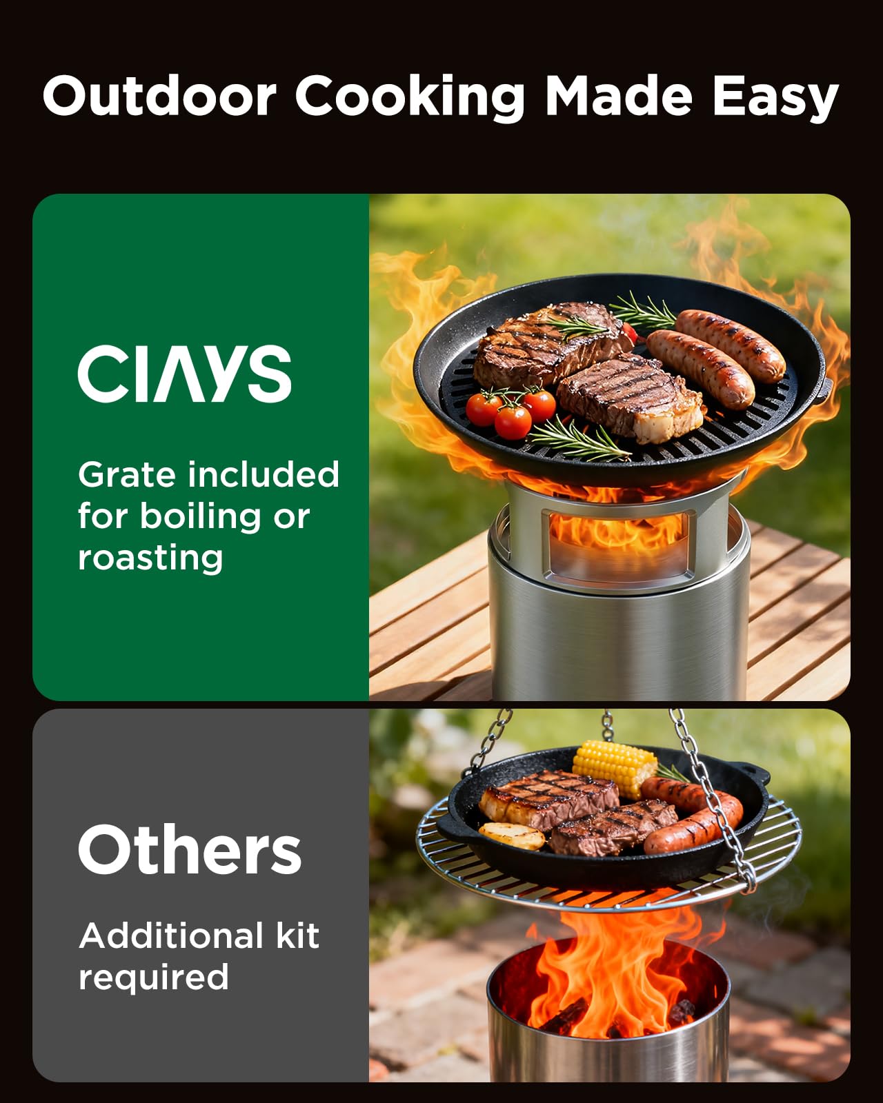 Ciays fire pit with removable grill rack over glowing embers.