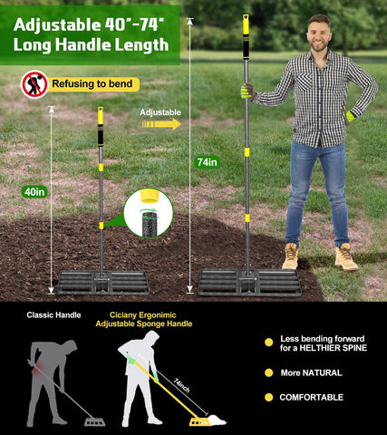 Ciciany heavy-duty stainless steel rake for durable yard leveling.