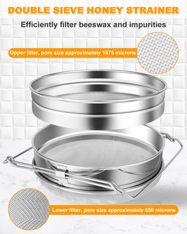 CIMALAB honey filter in use over a bucket enables large-batch filtration