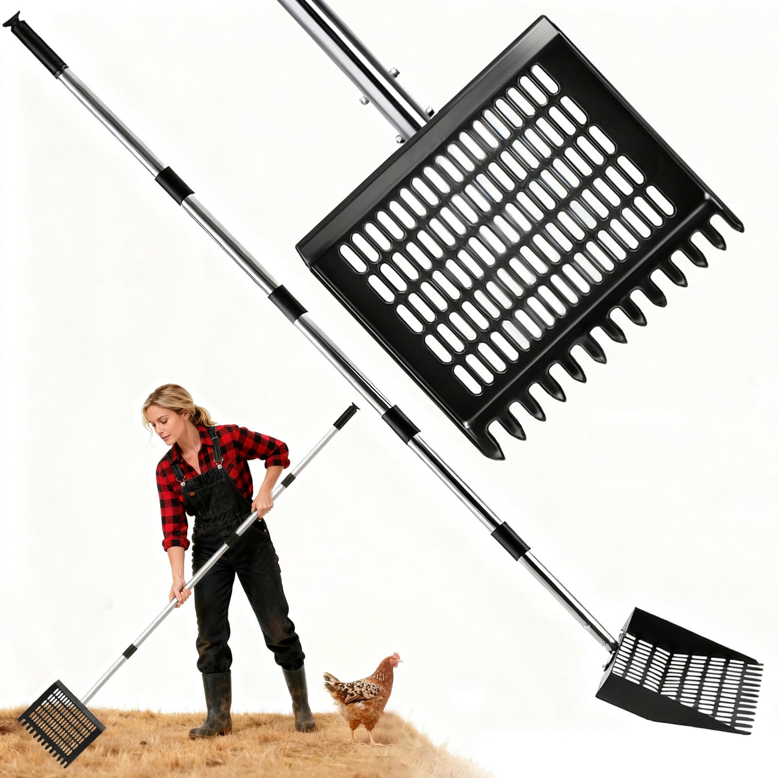 CinchLynx adjustable poop scooper with extendable handle reduces bending during coop cleaning.