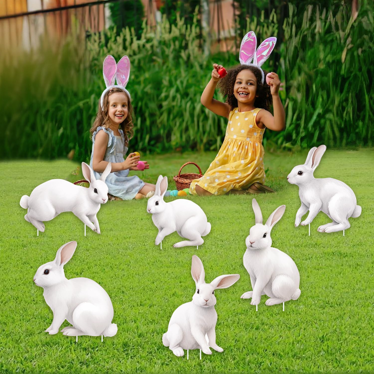 CiniQy 6-pack Easter bunny yard signs with stakes for quick lawn display.
