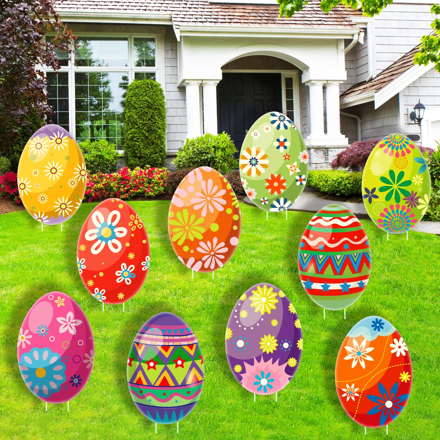 CiniQy giant egg display brightens lawns and gardens for Easter celebrations.