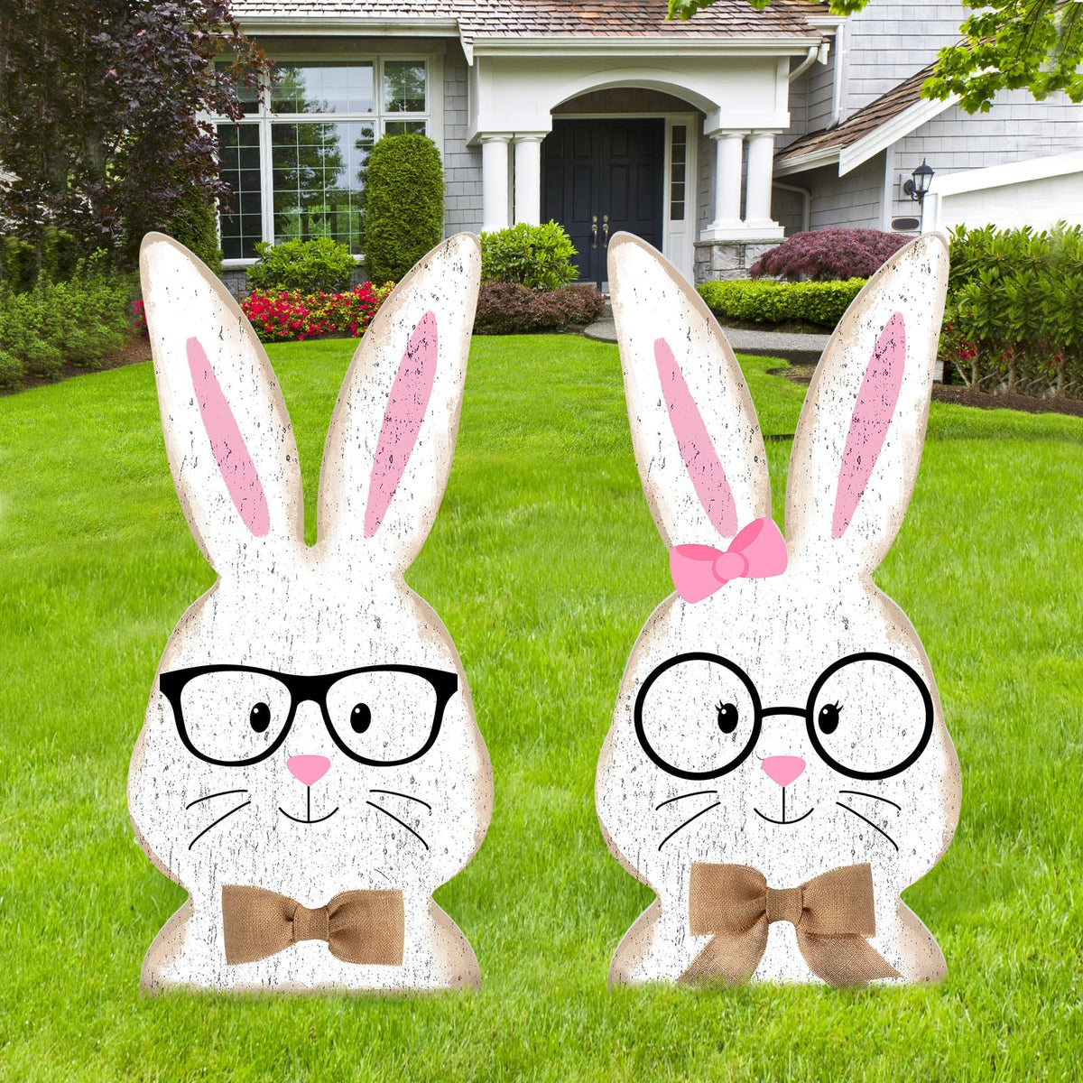 Cinnvoice bunny yard stake with pastel lavender enhances garden charm
