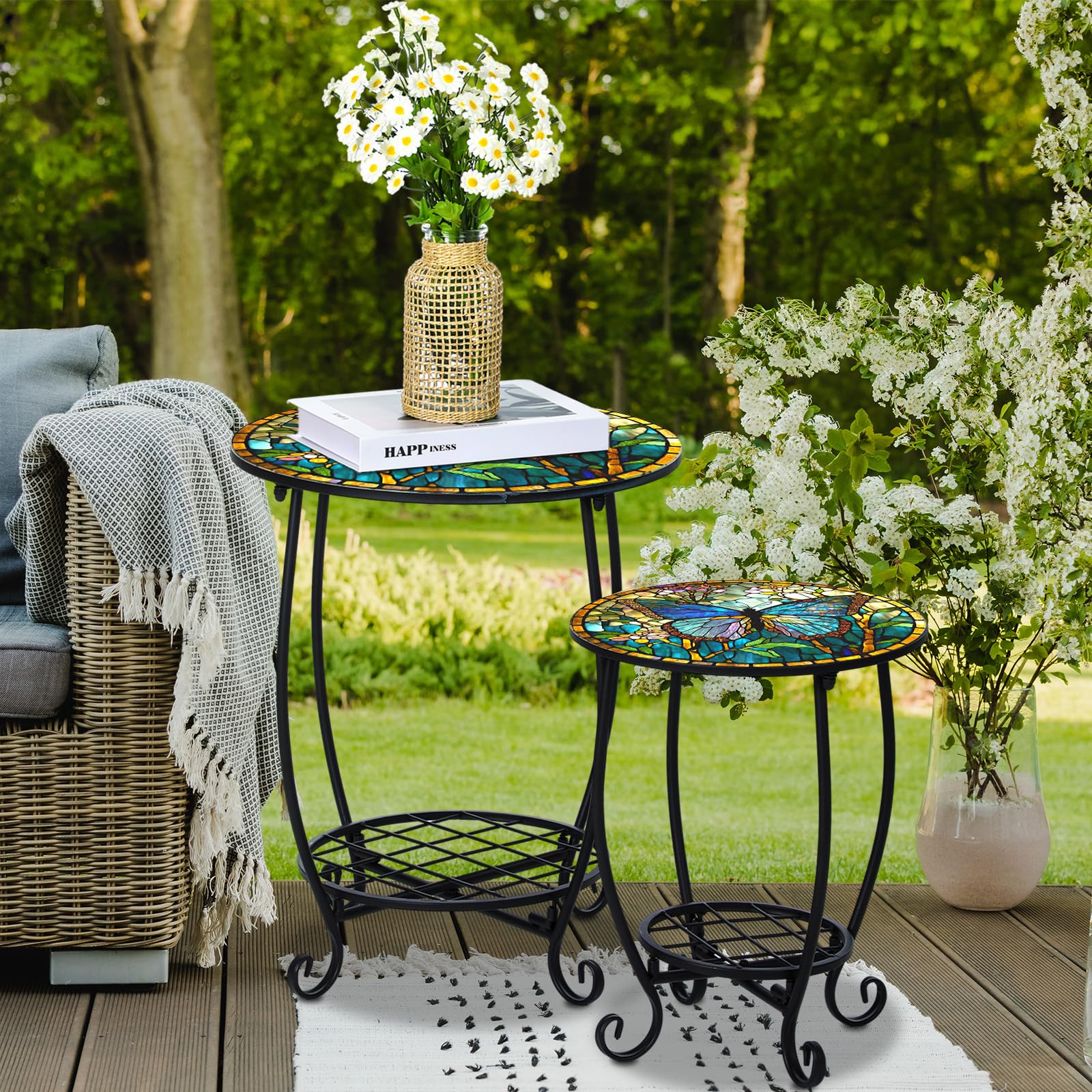 Cinnvoice butterfly mosaic side table 12in closeup reveals bright colors and intricate details.