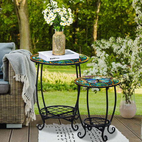 Cinnvoice butterfly mosaic side table 12in closeup reveals bright colors and intricate details.