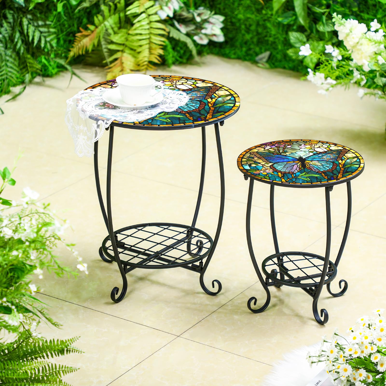 Cinnvoice butterfly mosaic side table 16in closeup highlights durable metal and vibrant glaze.