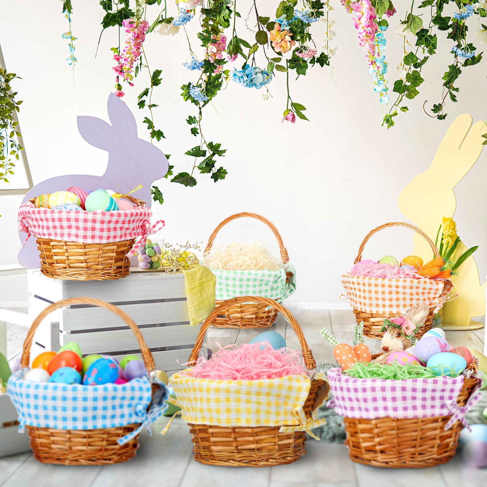 Cinnvoice Easter designed plaid-lined baskets create vibrant party decor and centerpieces.