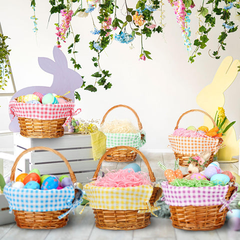 Cinnvoice Easter designed plaid-lined baskets create vibrant party decor and centerpieces.