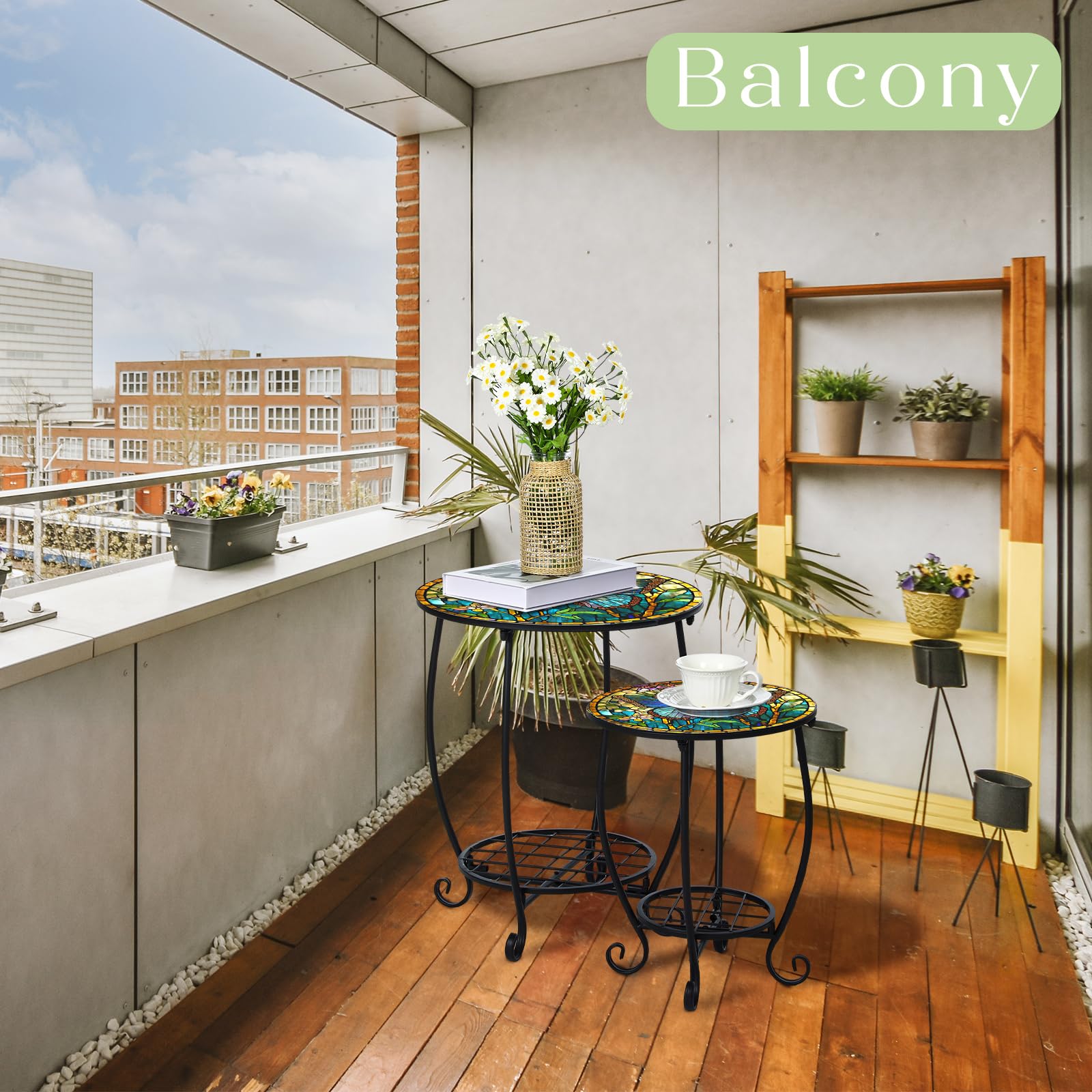 Cinnvoice metal patio side table two-layer design adds convenient storage.