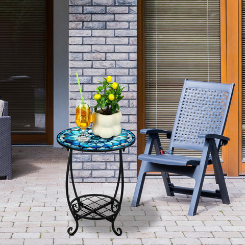 Cinnvoice mosaic table shows weather-ready metal coating for patio durability.