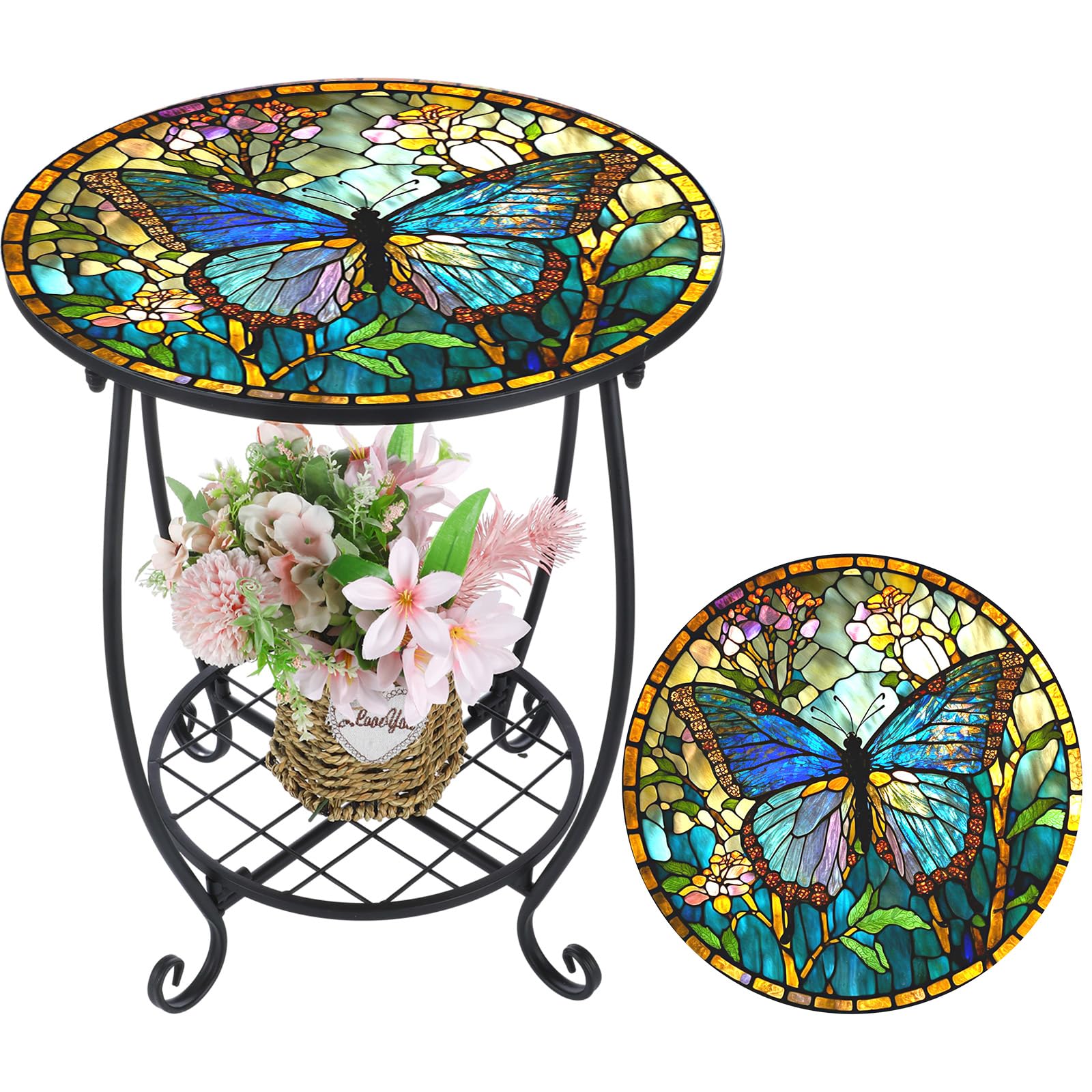 Cinnvoice outdoor round side table with butterfly mosaic top for patios and plants.