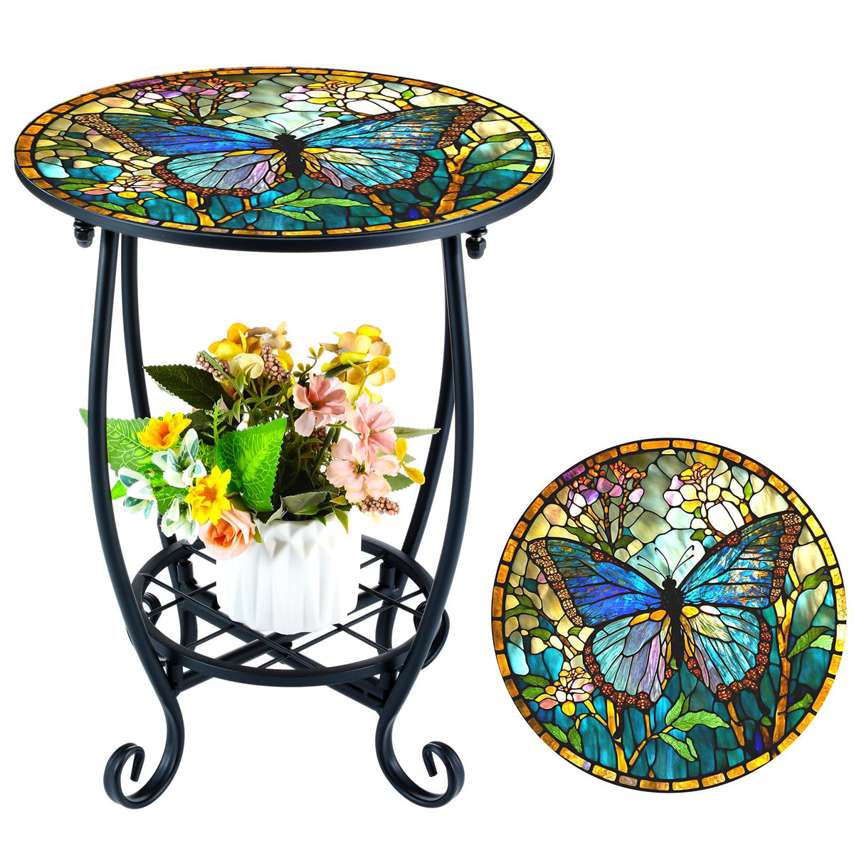 Cinnvoice outdoor side table with butterfly-pattern mosaic decor, ideal for patios.