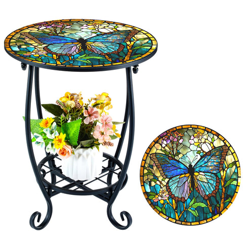 Cinnvoice outdoor side table with butterfly-pattern mosaic decor, ideal for patios.