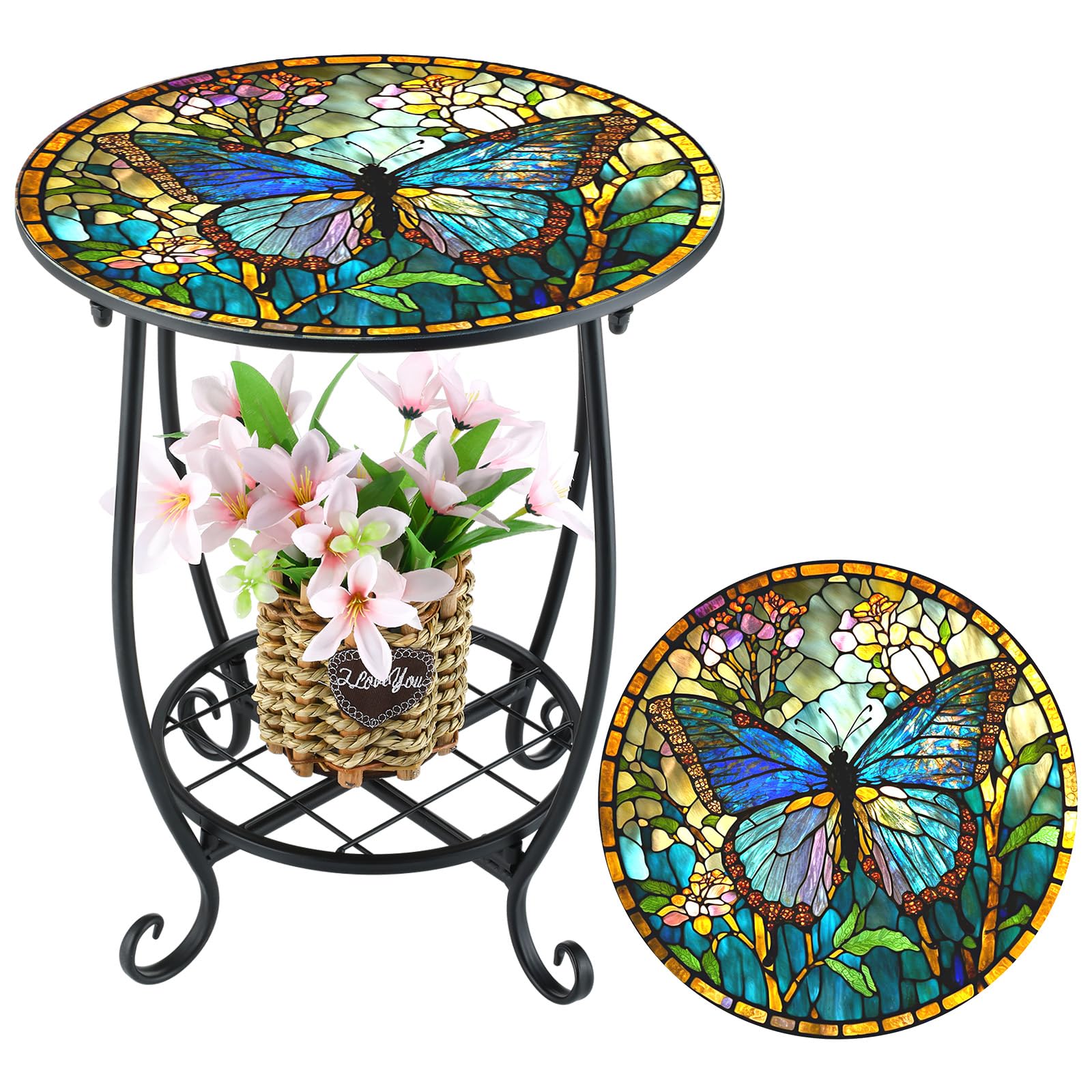 Cinnvoice outdoor round mosaic side table with butterfly style adds charm to patios.