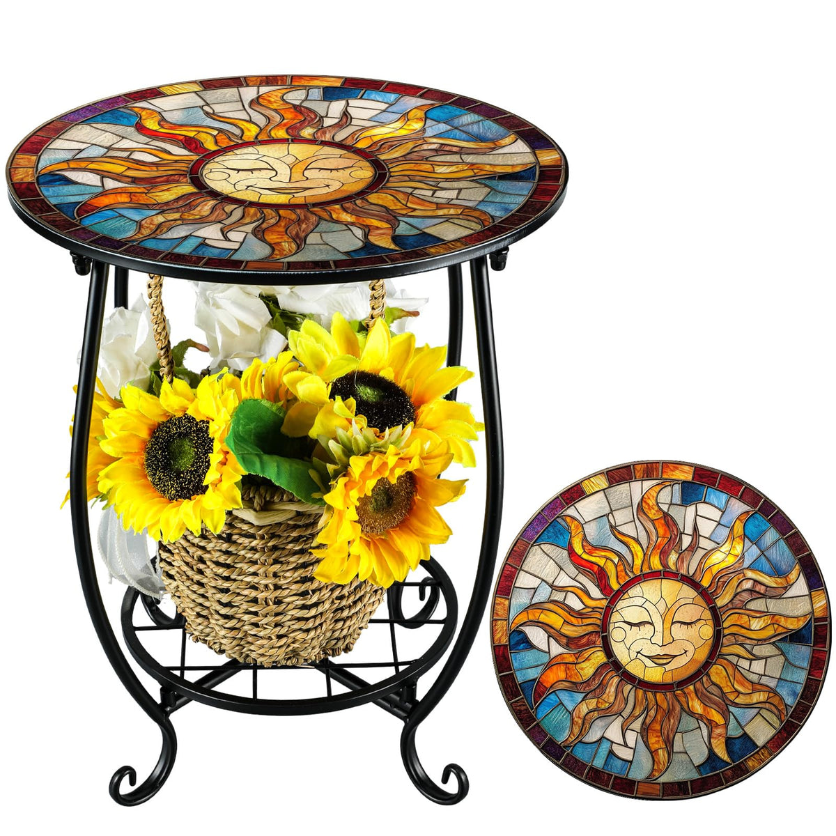 Cinnvoice outdoor round side table with sun pattern adds bright charm to your patio.