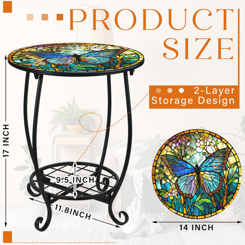 Cinnvoice round patio table top pattern showcases butterfly mosaic detail.