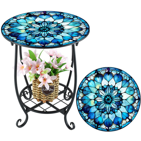 Cinnvoice round table with mandala pattern adds elegant outdoor décor and sturdy surface.