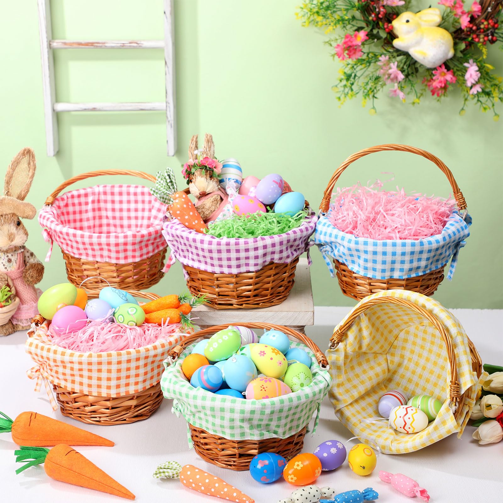Cinnvoice wicker baskets with plaid lining add festive charm to Easter decorations.