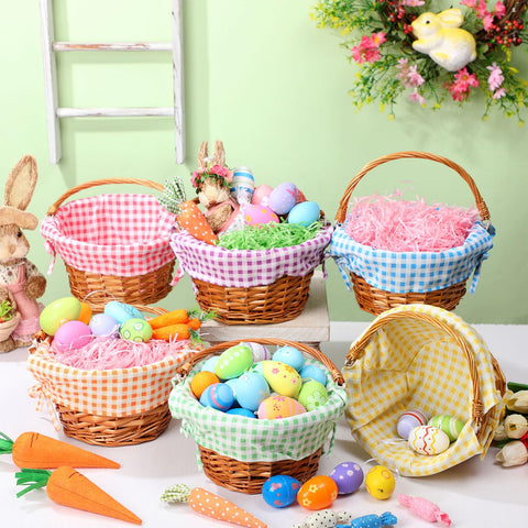 Cinnvoice wicker baskets with plaid lining add festive charm to Easter decorations.