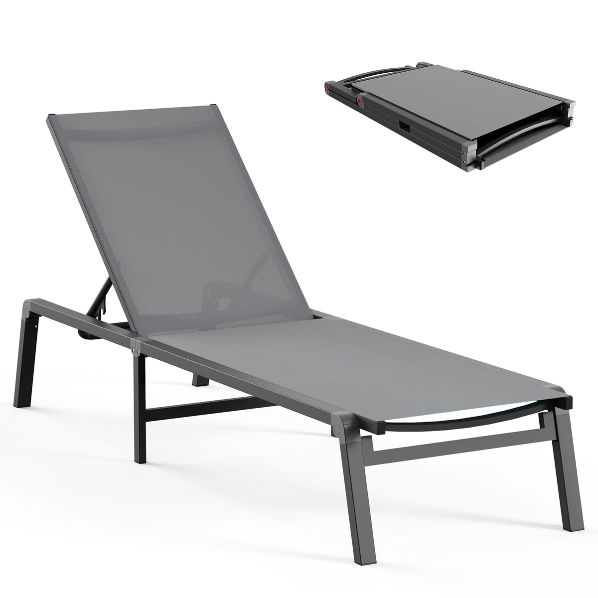 Ciokea aluminum chaise lounge folded for easy storage and transport.