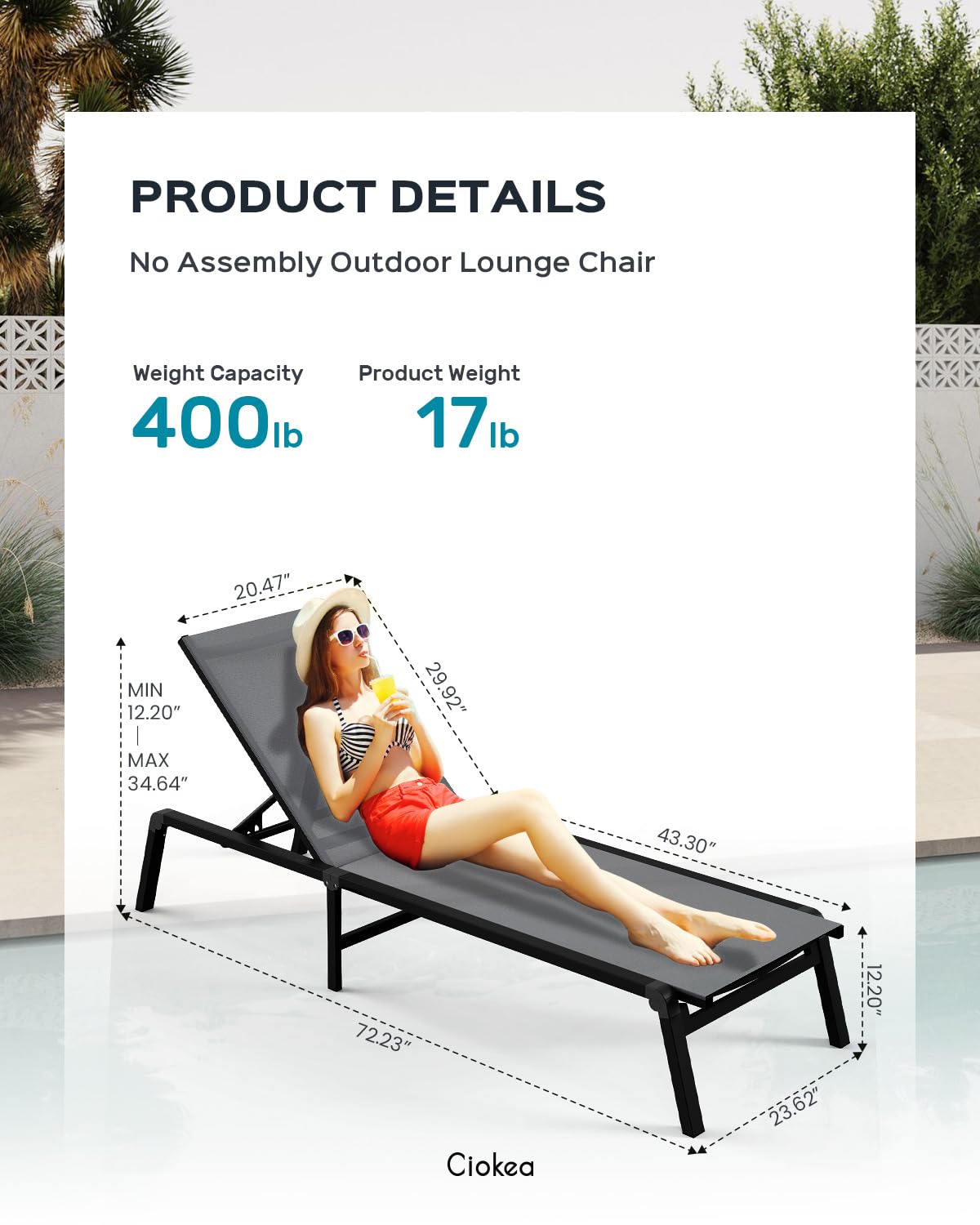 Ciokea chaise lounge with no assembly for instant relaxation outdoors.
