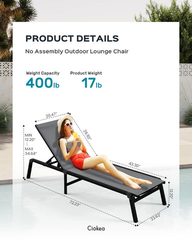 Ciokea chaise lounge with no assembly for instant relaxation outdoors.