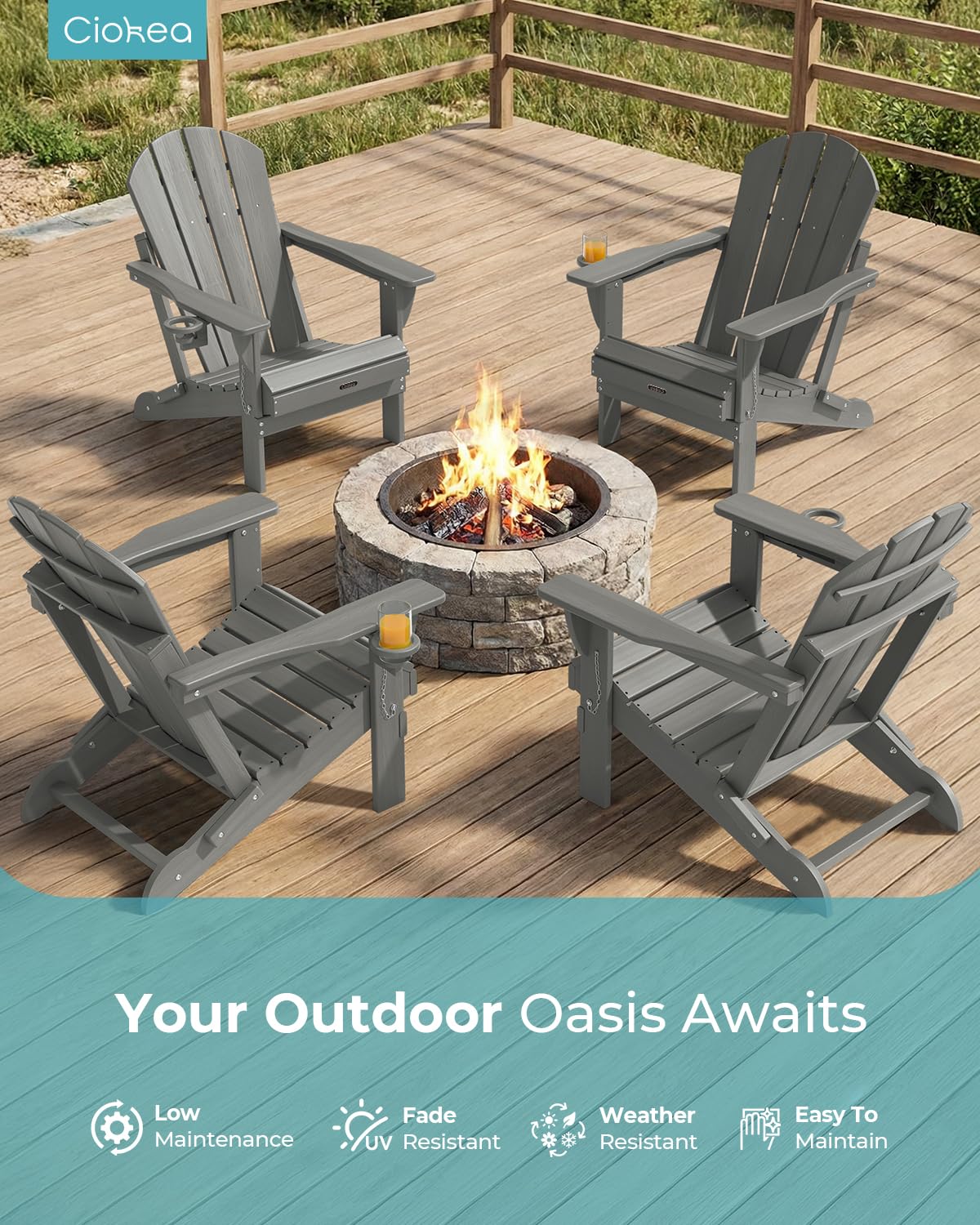Ciokea chair with retractable cup holder adds convenient drinks on the porch.