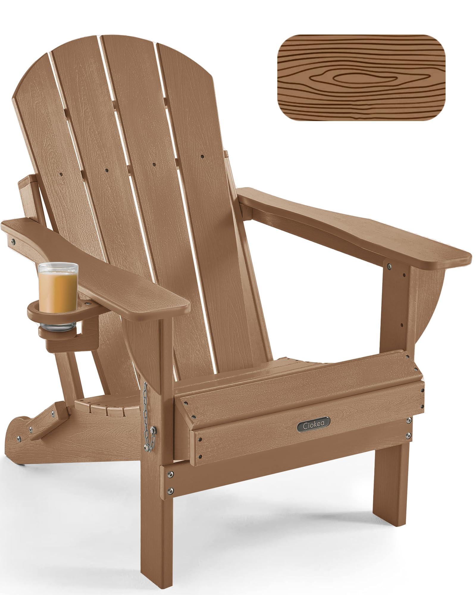 Ciokea folding Adirondack chair with teak wood texture for outdoor seating