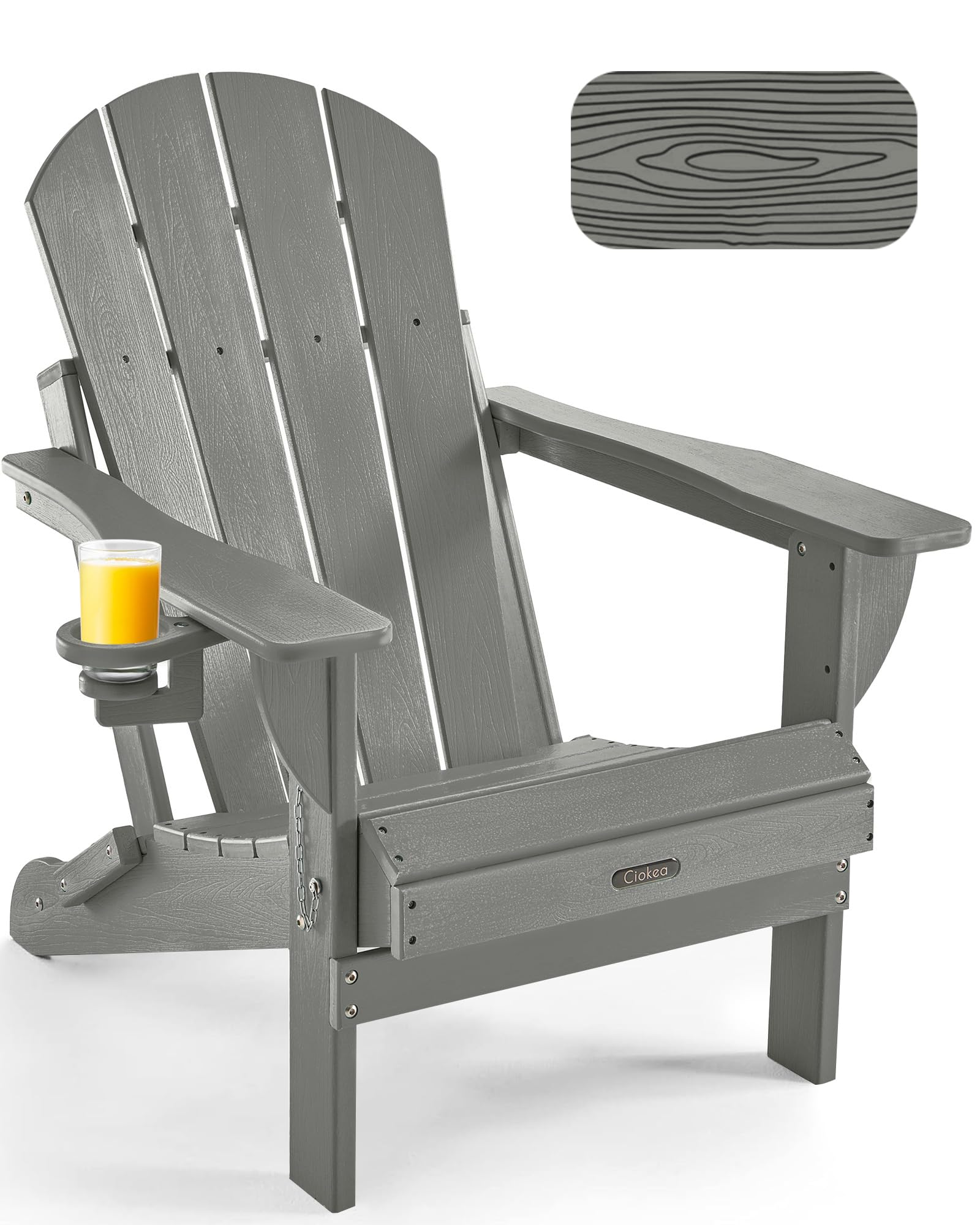 Ciokea folding Adirondack chair with wood texture for durable outdoor seating.