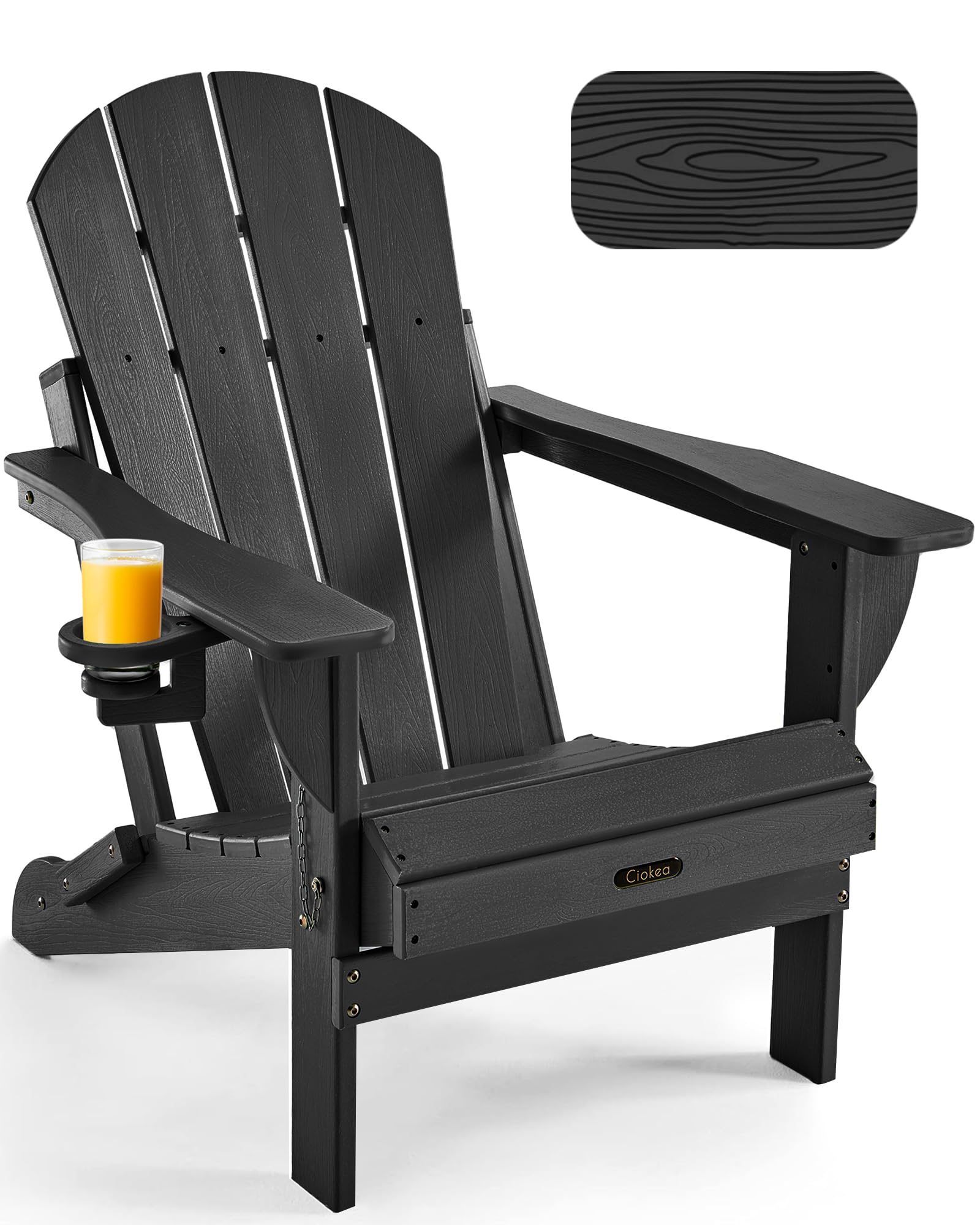 Ciokea folding Adirondack chair with wood texture for durable outdoor seating.