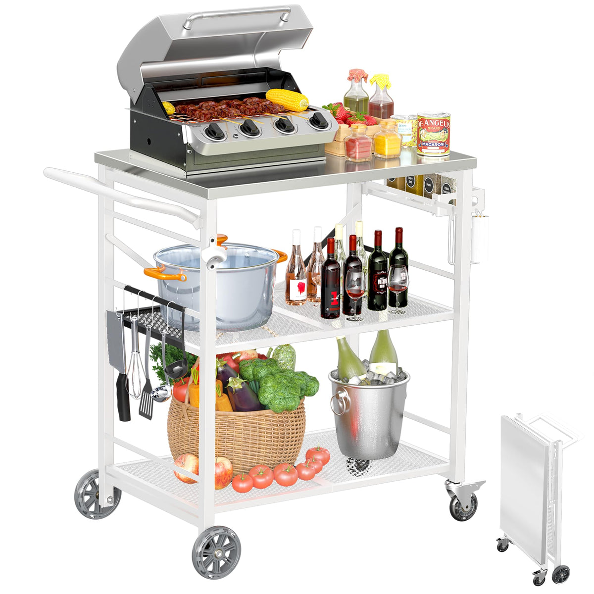 Ciokea folding outdoor grill cart with 27x18 stainless top for stable outdoor cooking.