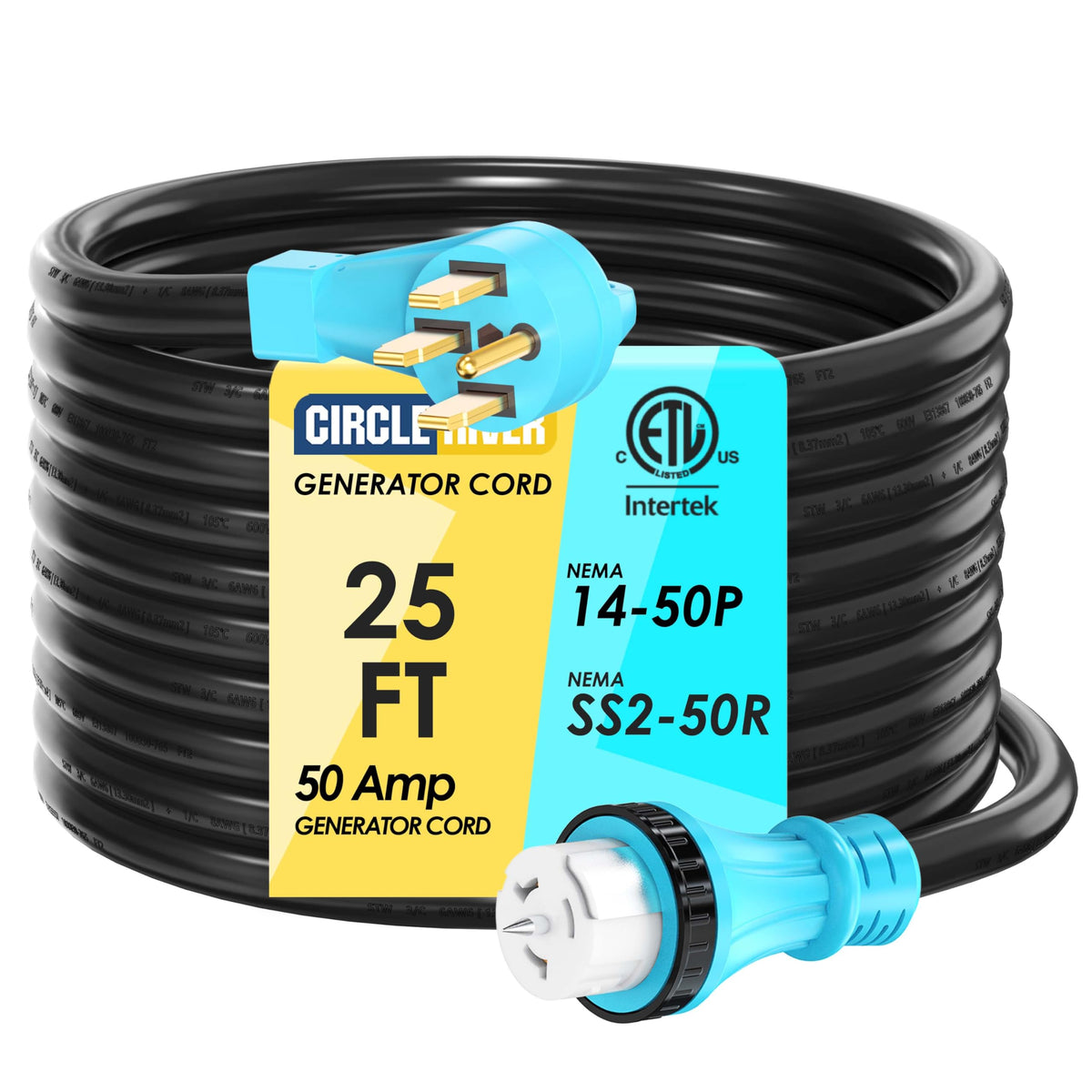 CircleRiver 50A 25ft extension cord with twist-lock end for reliable home power.
