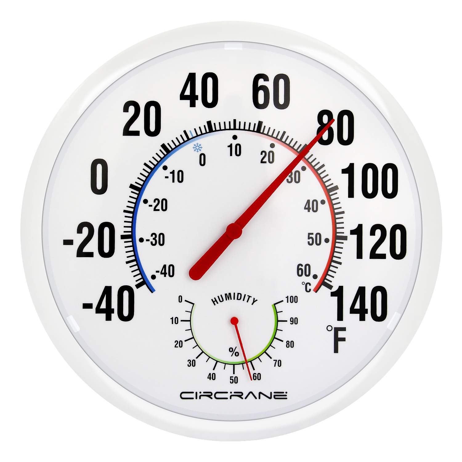 Circrane 13.25-inch dial thermometer with hygrometer for easy distant reading.