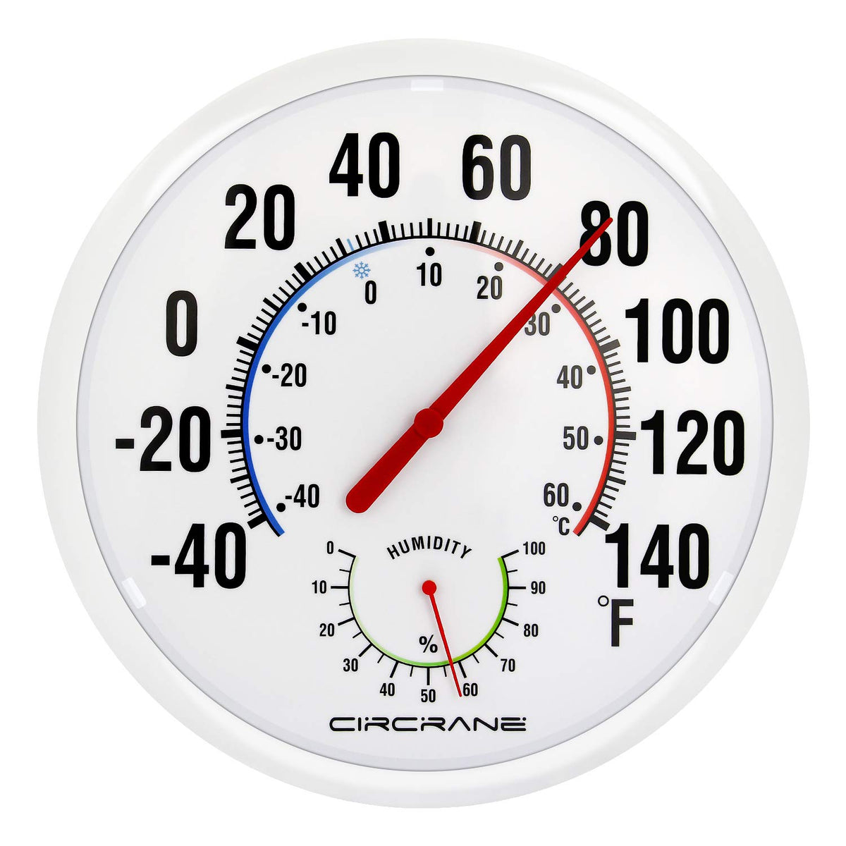 Circrane 13.25-inch dial thermometer with hygrometer for easy distant reading.
