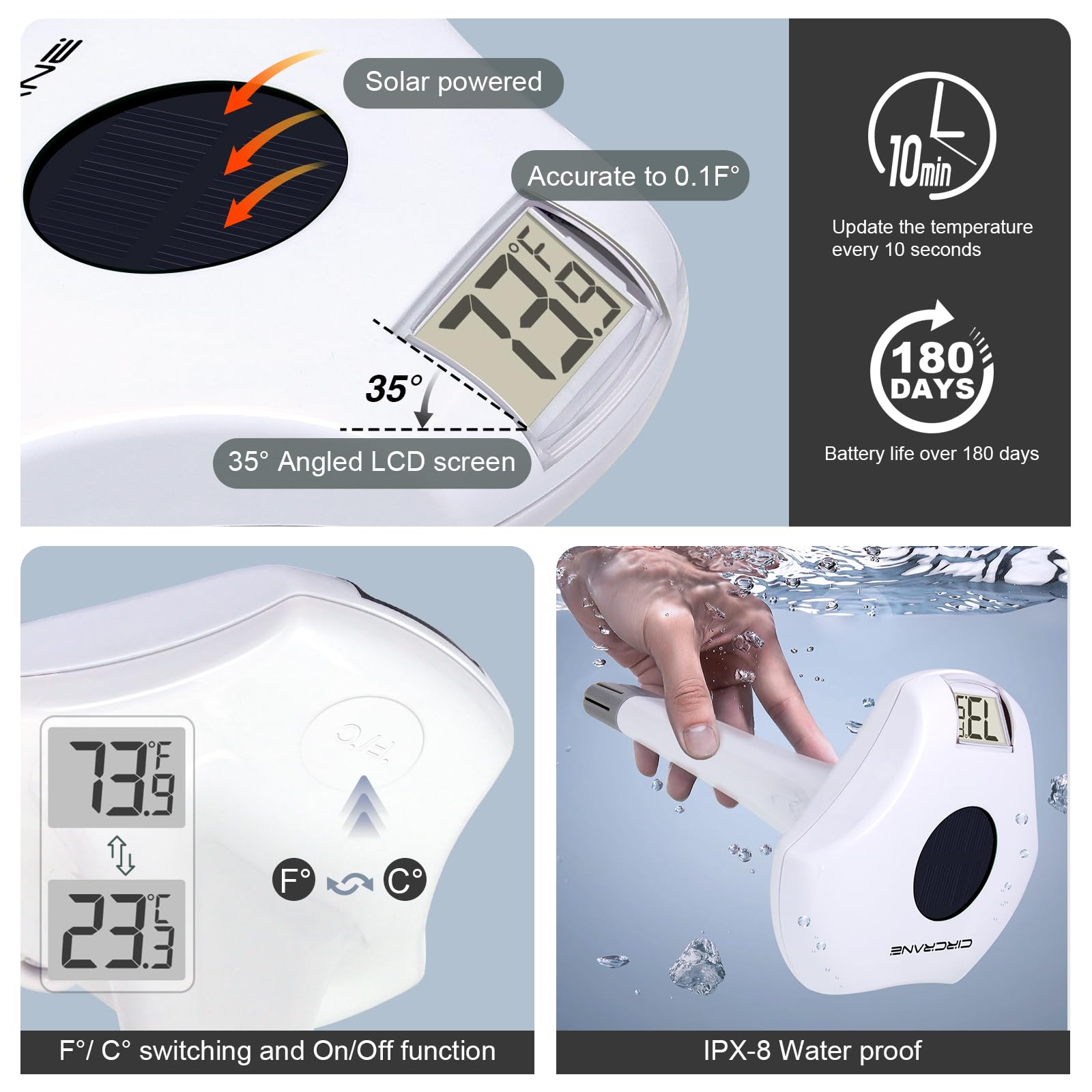 Circrane thermometer charging via solar panel for outdoor use