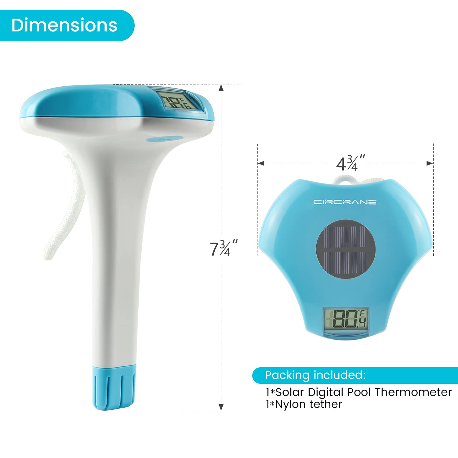 Circrane solar-powered thermometer charges by day for continuous pool readings.