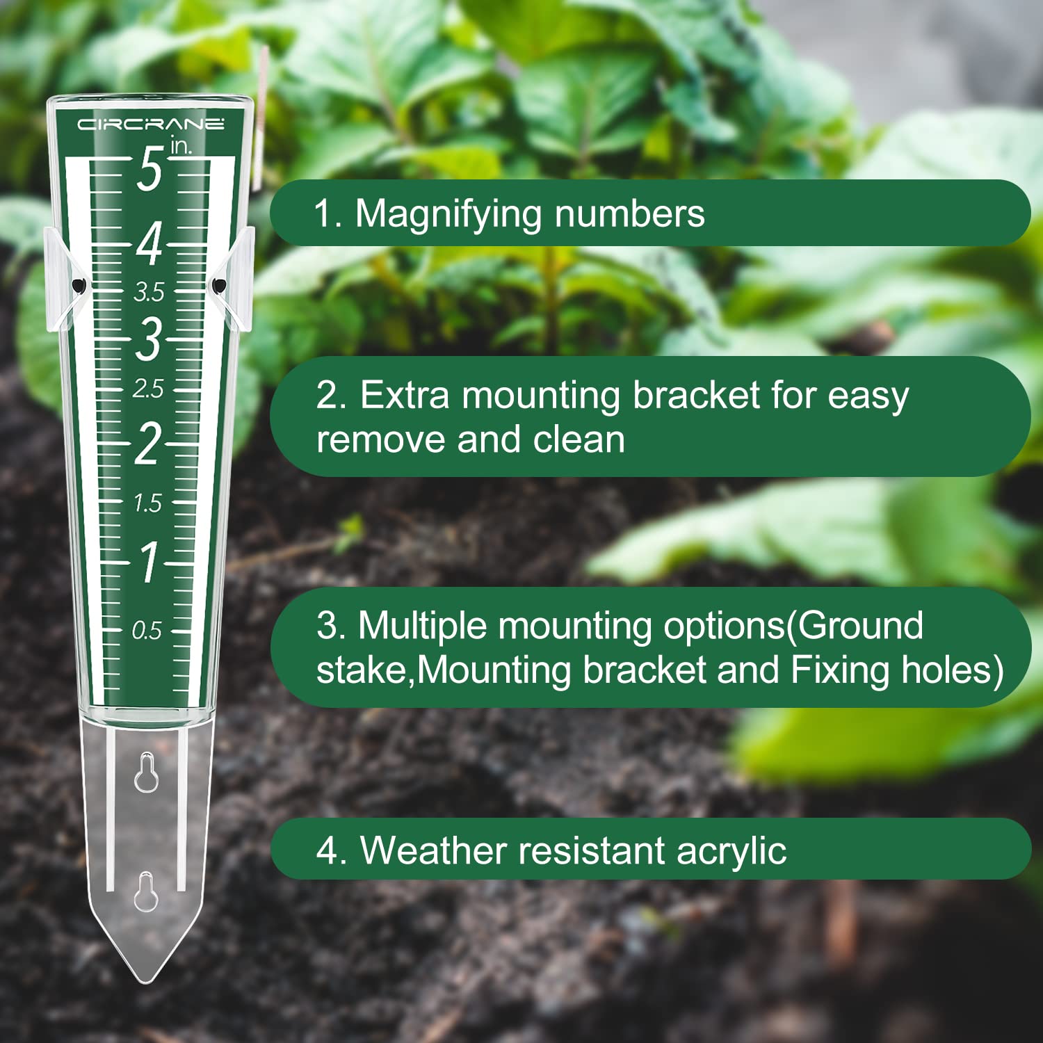 Circrane white numbers on green background for easy measurement in any light.