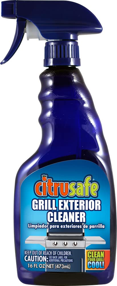 Citrusafe Exterior Grill Cleaner bottle on grill exterior for a streak-free shine.