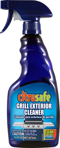 Citrusafe Exterior Grill Cleaner bottle on grill exterior for a streak-free shine.