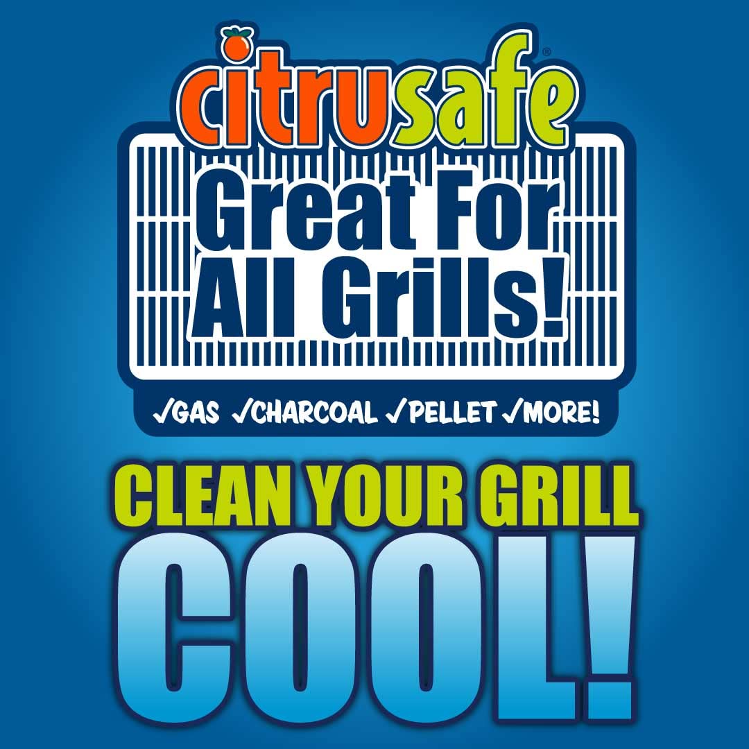 Citrusafe Exterior Grill Cleaner spray shown on grill surface for grease removal.