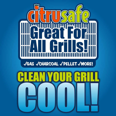 Citrusafe Exterior Grill Cleaner spray shown on grill surface for grease removal.