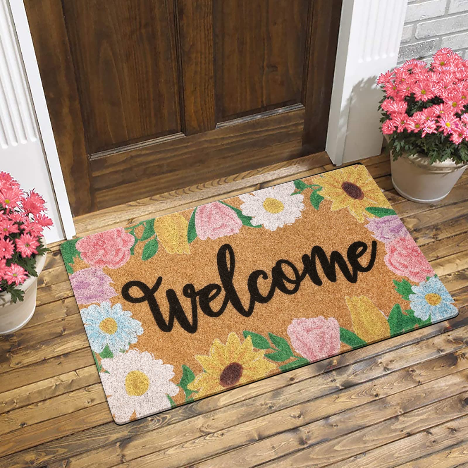 CiyvoLyeen floral welcome doormat with roses, daisies, tulips, and sunflowers for a welcoming entry.