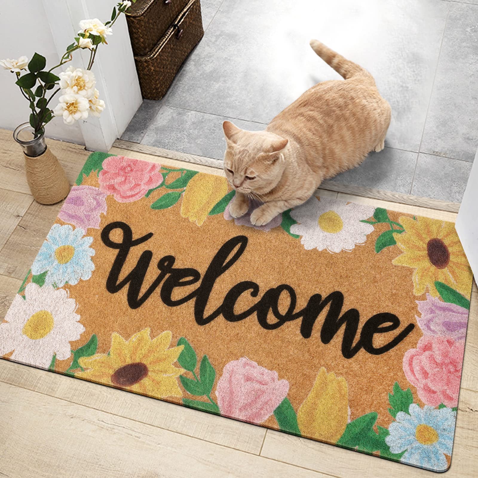 CiyvoLyeen indoor/outdoor floral mat with daisies for mud-free floors.