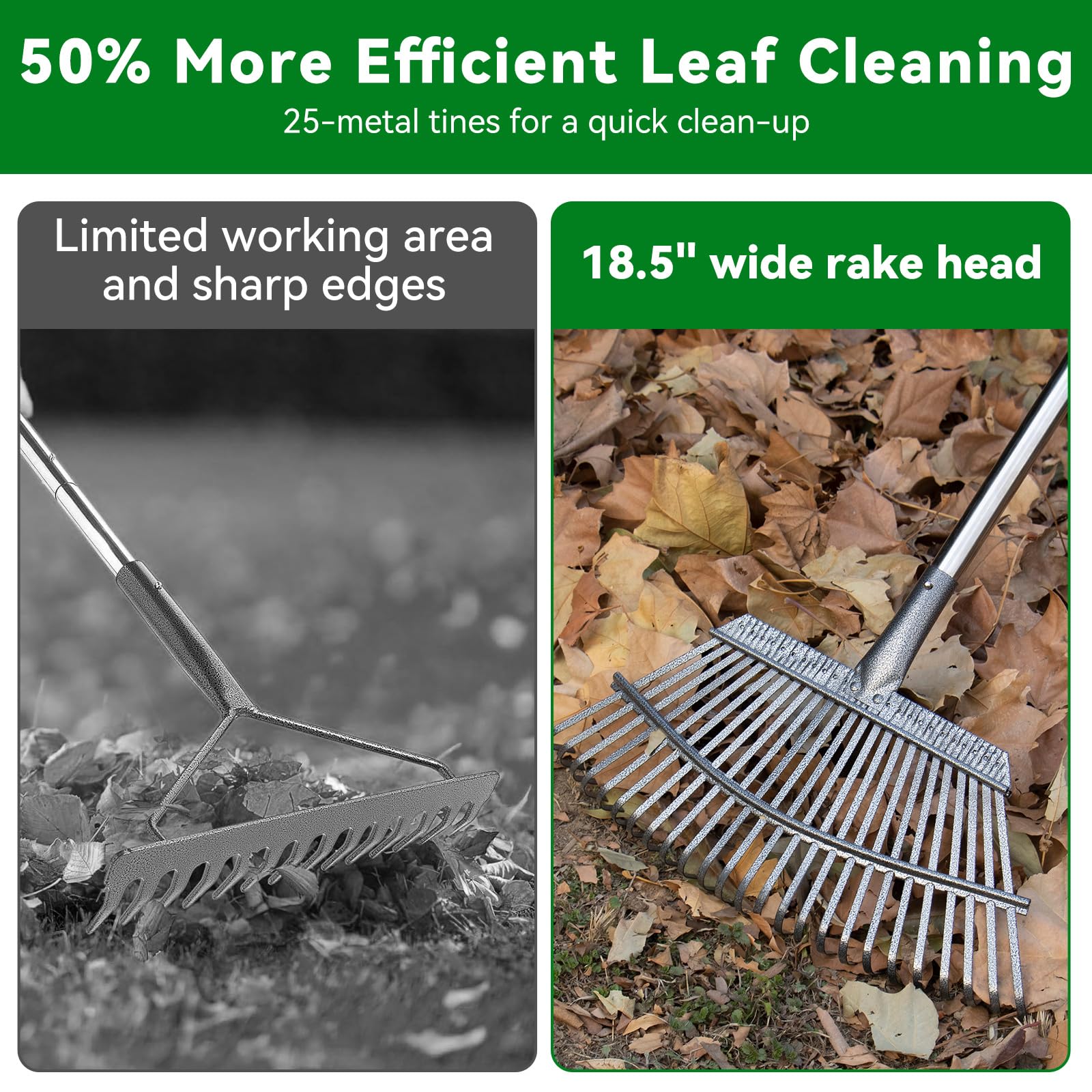 CJYMMFAN 25-tine leaf rake covers more area for quick cleanup.