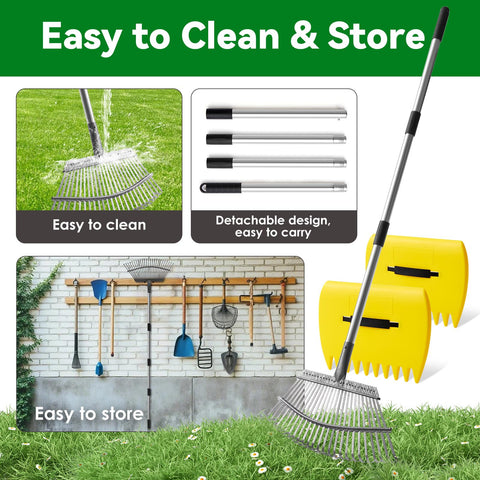 CJYMMFAN versatile garden rake for lawns, weeds, and camping.