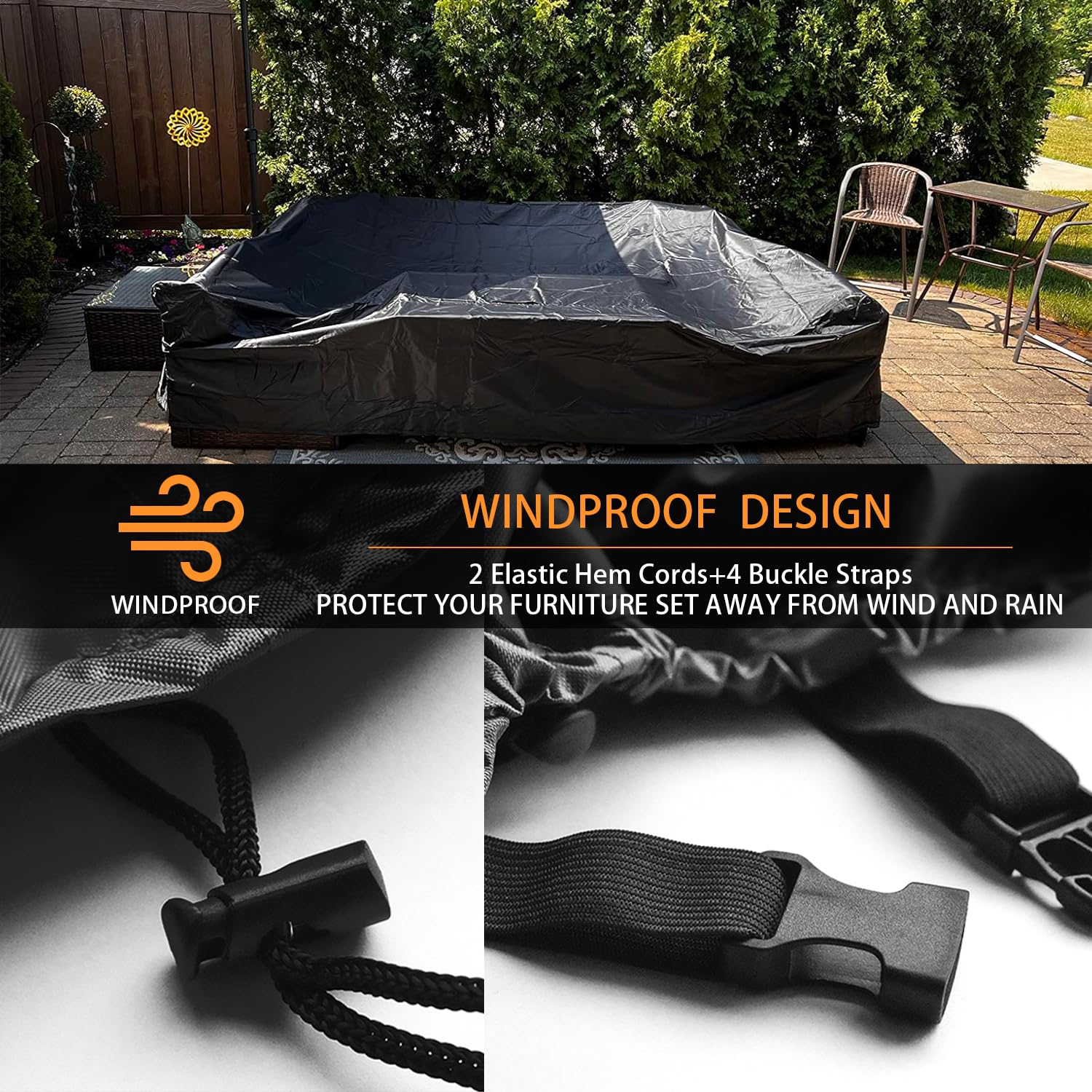 CKCLUU cover side view shows windproof straps securing the furniture