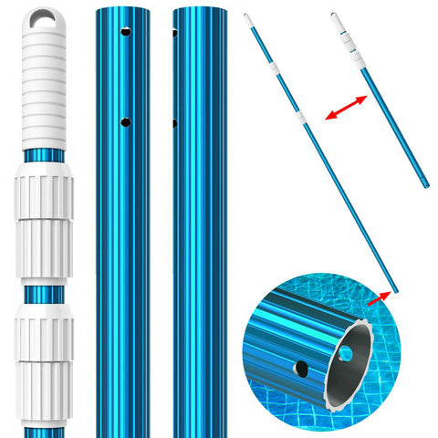 CKE upgraded blue aluminum pool pole extended to 15 feet for deep cleaning reach.