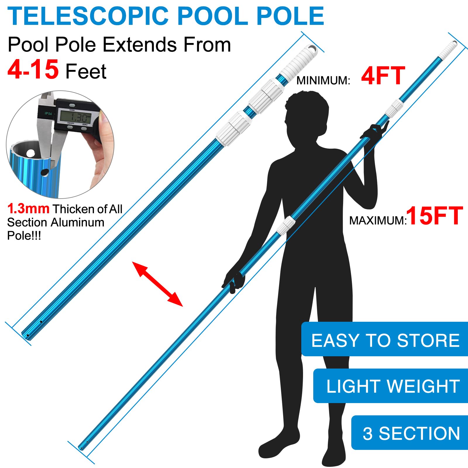 CKE blue telescoping pole with three-section design for adjustable length.